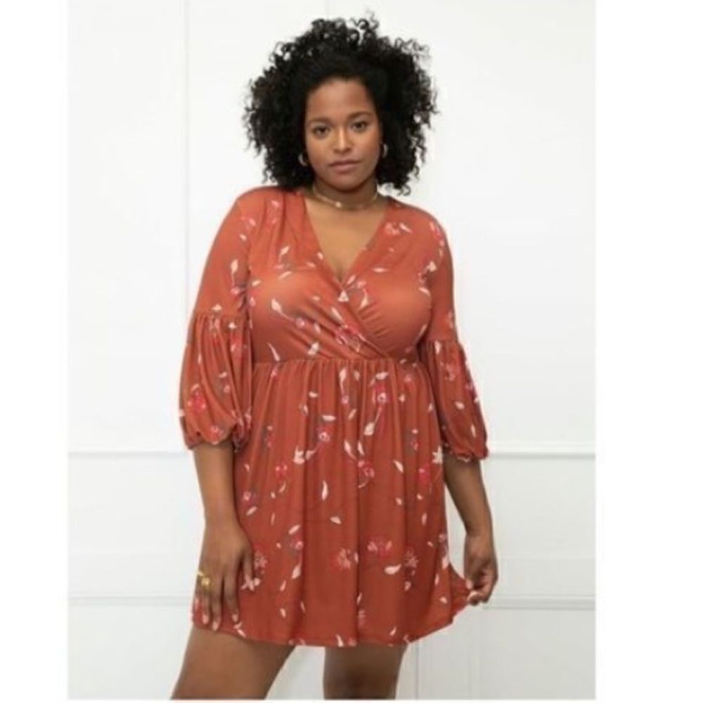 Eloquii Elements Women’s Size 14/16 Dress Orange Floral Pleated 3/4 Sleeve NWT